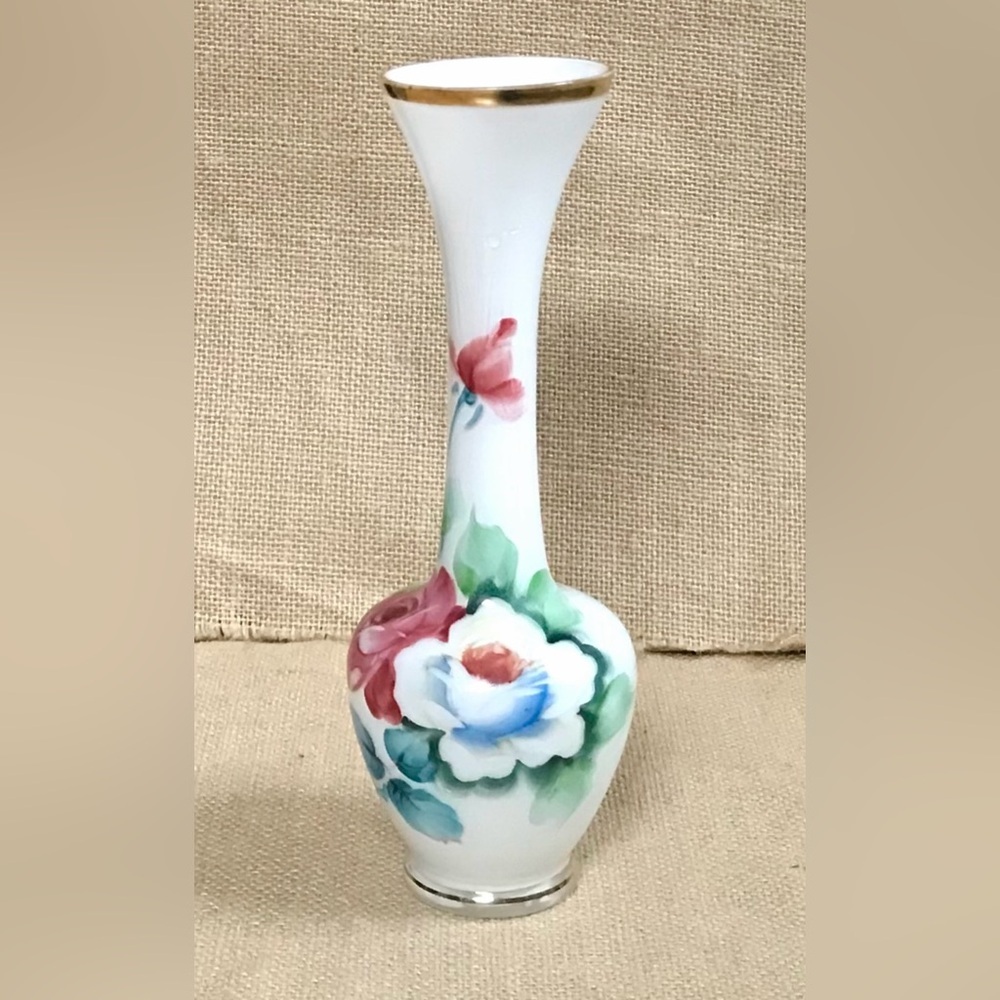 Vintage White Floral Glass Vase Hand Painted Grandma Cottage Core Romance